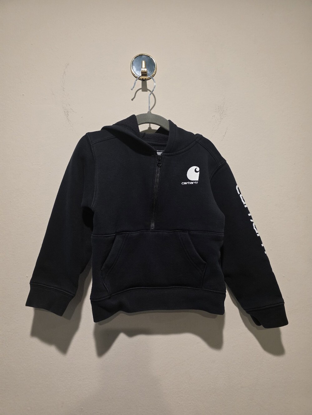 Carhartt Toddler Kids Black Half-Zip Logo Sleeve Hoodie Sweatshirt Size 3T